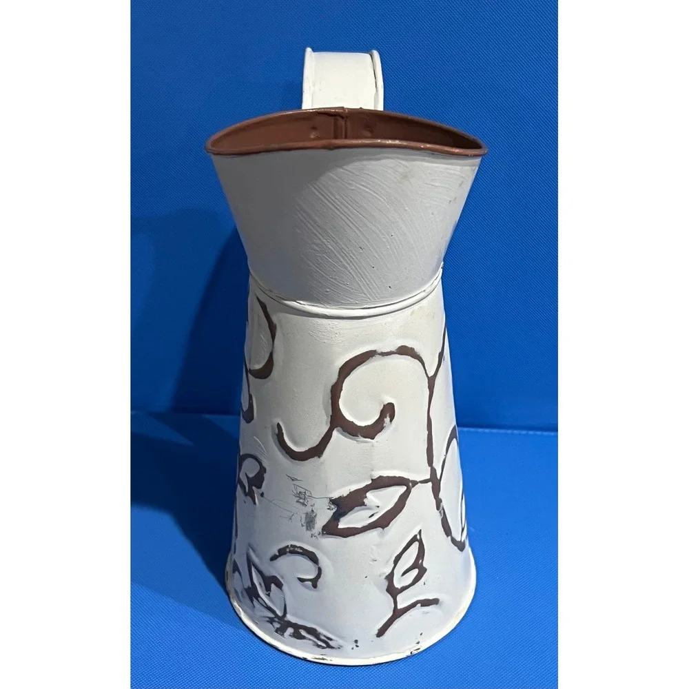 Hosley White Wash Metal Decorative Pitcher Farmhouse Embossed Scroll Vase